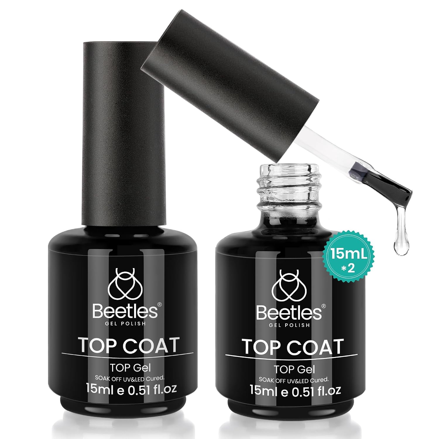 Beetles No Wipe Top Coat Gel Polish Set, 2 Pcs, 15ml, Clear High Gloss UV LED Finish