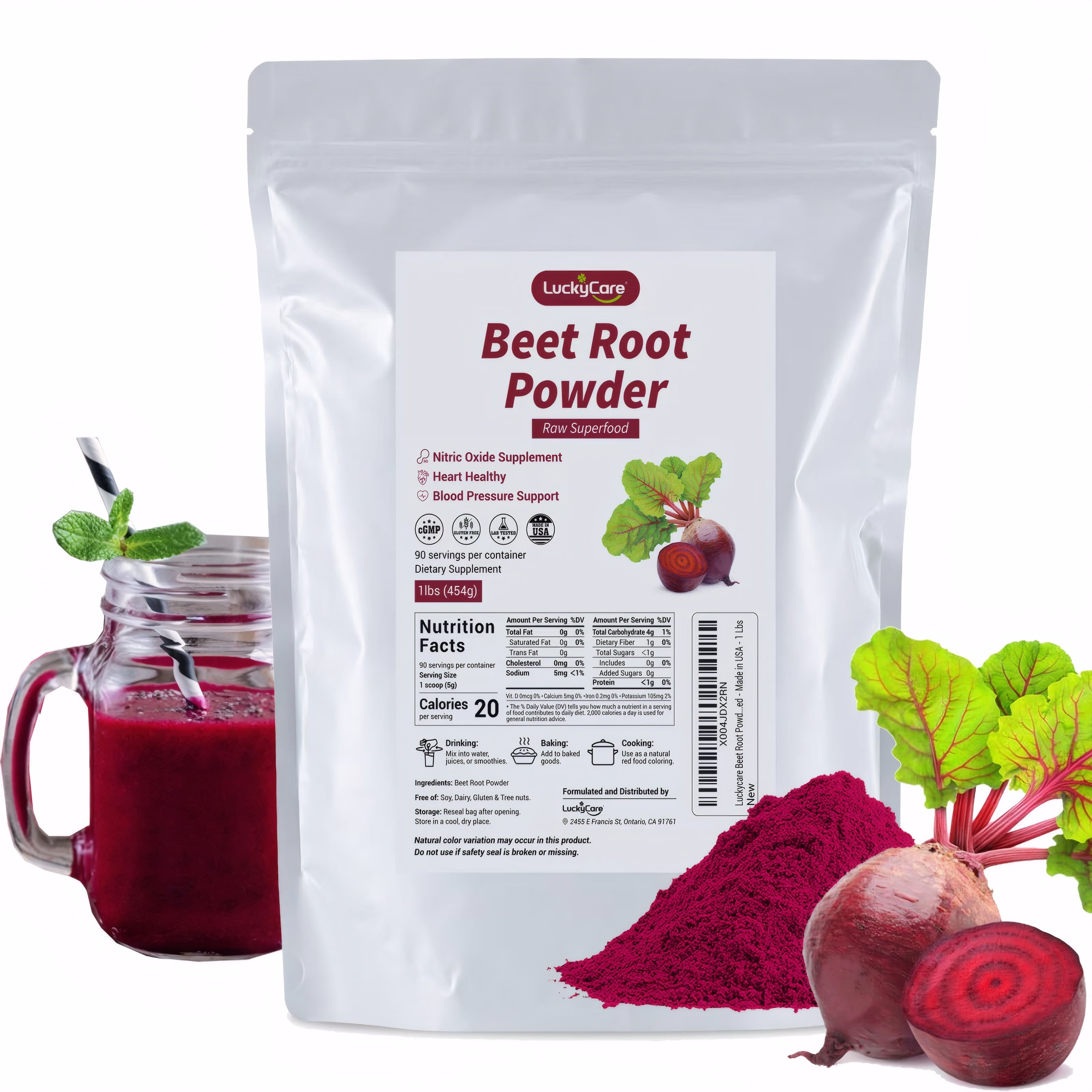 Luckycare Original Beet Root Powder | Non-GMO Beetroot Superfood | Vegan & Gluten Free | Natural Nitric Oxide Supplement | Supports Pre Workout Energy | 16oz