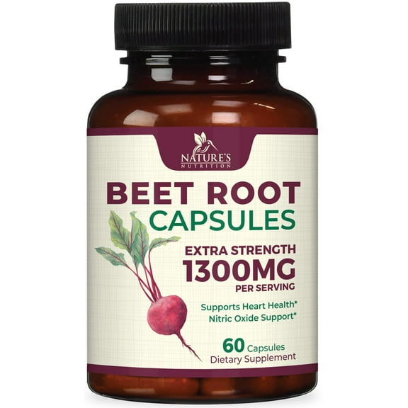 Beet Root Capsules 1300mg - Extra Strength Red Beetroot Powder Supplement – Supports Nitric Oxide Production, Heart Health & Natural Energy – Non-GMO, Vegan, Gluten Free – 60 Veggie Capsules