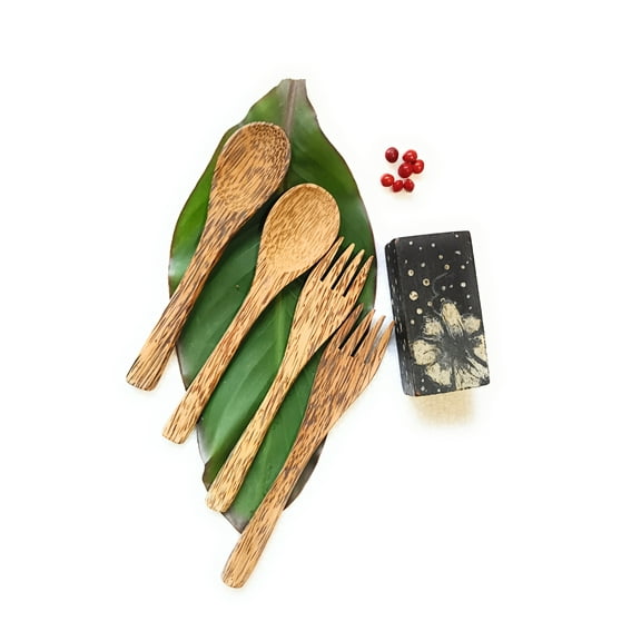 Beetroots Eco-living Coconut wooden spoon combo, 2 wooden Spoons and 2 wooden Forks ,handcrafted Smoothie ,Ice cream spoons