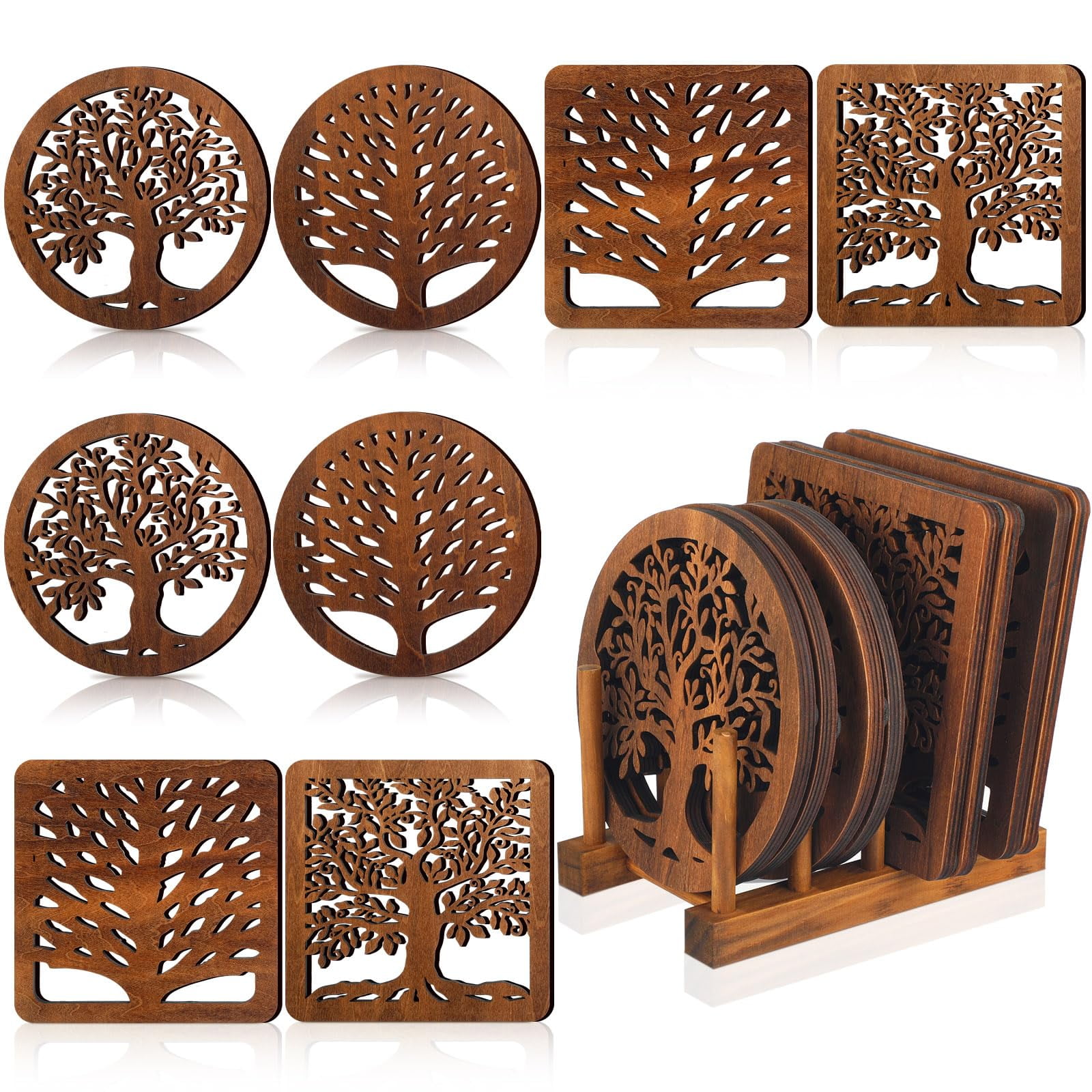 Beeveer 9 Pcs Tree Wooden Trivets Set includes Round Tea Pot Holders