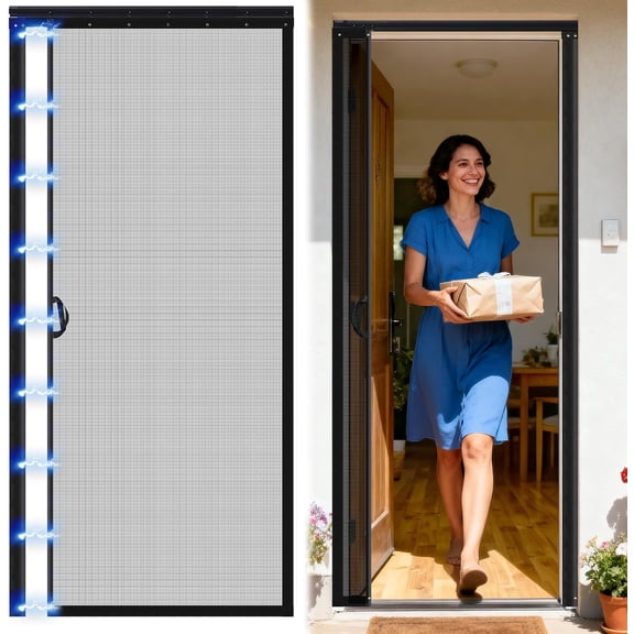 Beeveer Retractable Screen Door with Sliding Track Fits Size 33" x 80" (Curtain 34'' 81'') Pet Friendly Magnetic Fiberglass Mesh for Patio French Doors Weighted Bottom