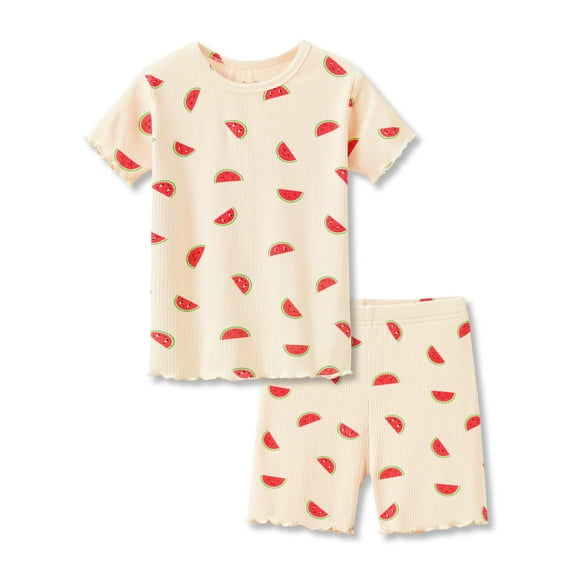 Beezizac 2-Piece Beige Watermelon Pajamas For Toddler Little Girls Cozy Ribbed Jersey Short Sleeves PJ Set Size 2T