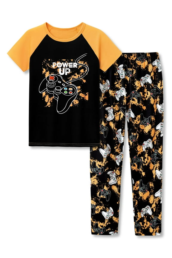 2-Piece Cozy Pajamas For Big Boys Yellow Gamer Short Sleeves & Pants Cool PJ Set Kid Size 8