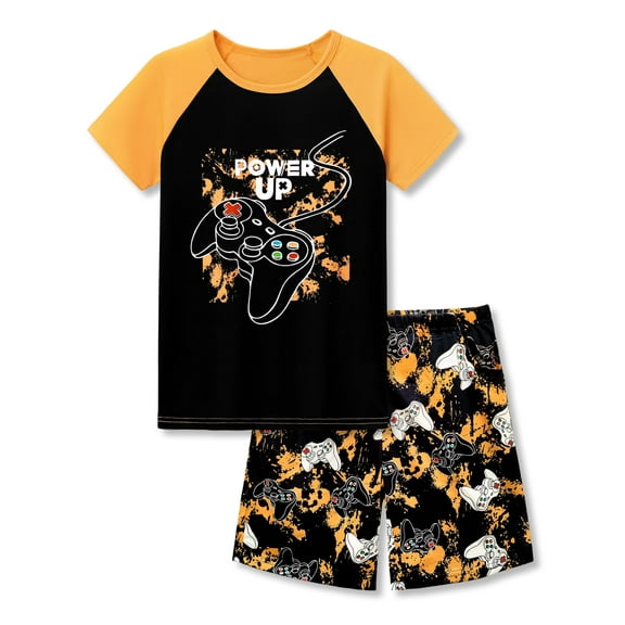 Beezizac 2-Piece Cozy Pajamas For Little Big Boys Yellow Gamer Short Sleeve Cool PJ Set Kid Size 10