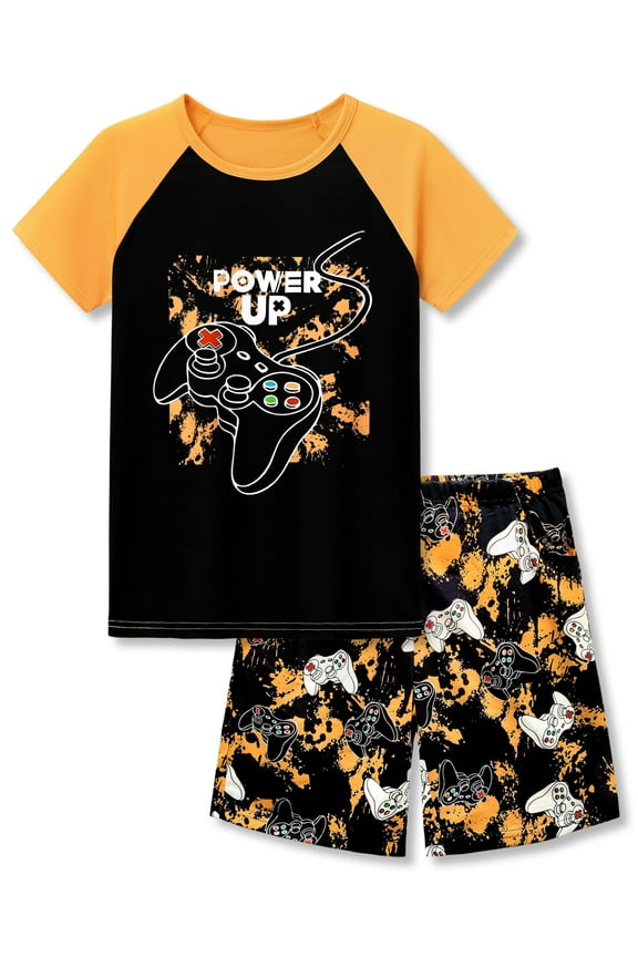 2-Piece Cozy Pajamas For Little Big Boys Yellow Gamer Short Sleeve Cool PJ Set Kid Size 10