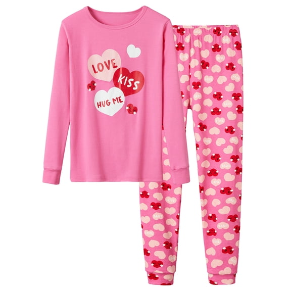 Beezizac 2-Piece Girls Cotton Pajamas Valentine Heart Love Kiss, Size 4T-14