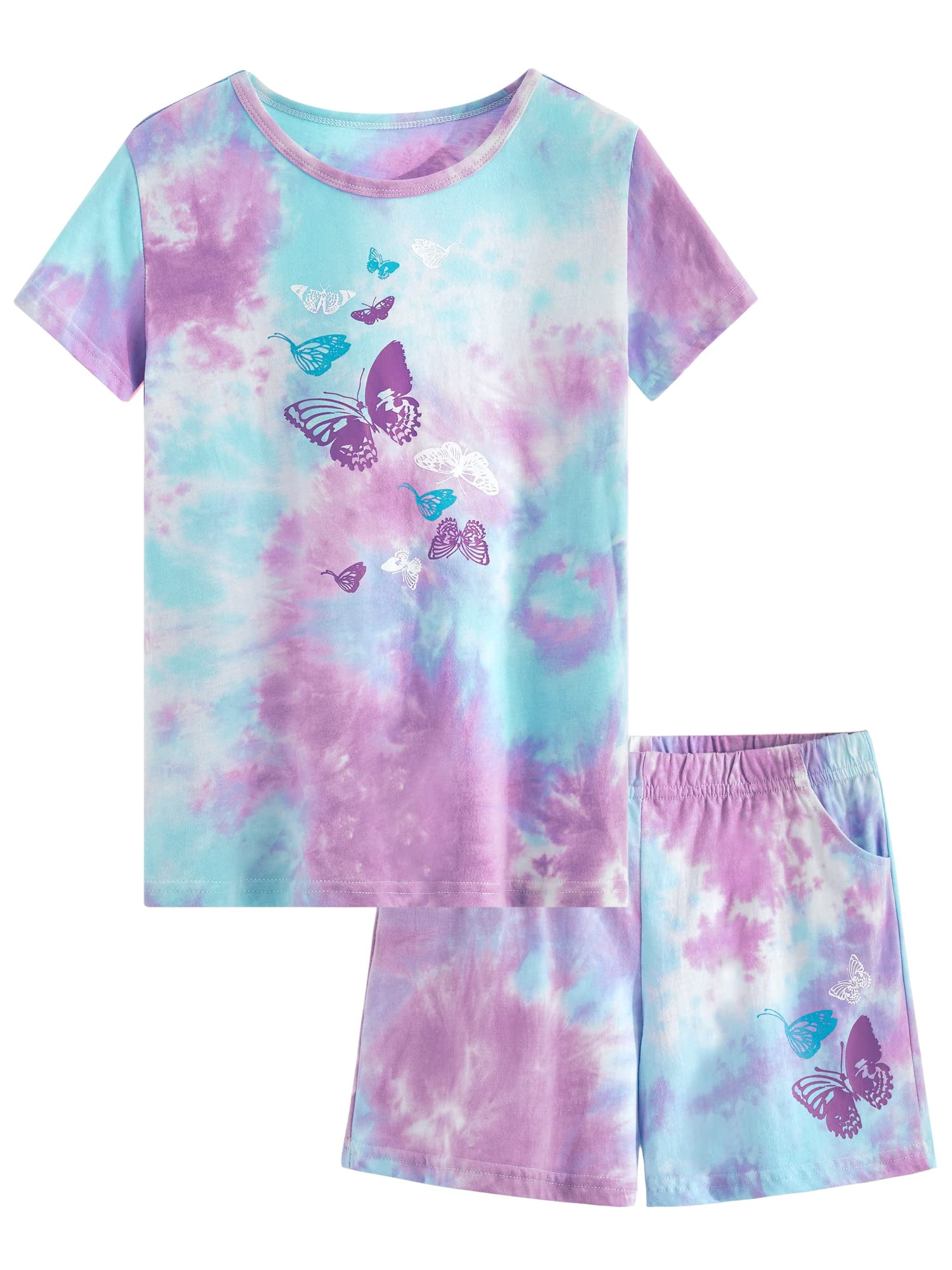Beezizac Girls Pajama Set 2-PC Shorts Cotton Summer Tie Dye Butterfly Pjs Size 12