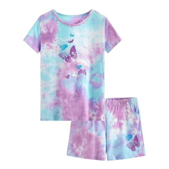 Beezizac Girls Pajama Set 2-PC Shorts Cotton Summer Tie Dye Butterfly Pjs Size 8