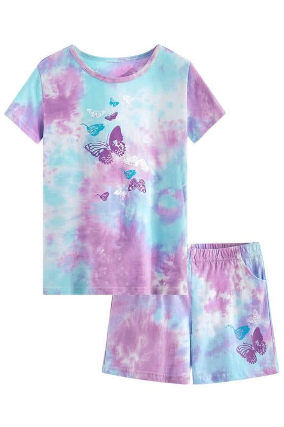 Girls Pajama Set 2-PC Shorts Cotton Summer Tie Dye Butterfly Pjs Size 10