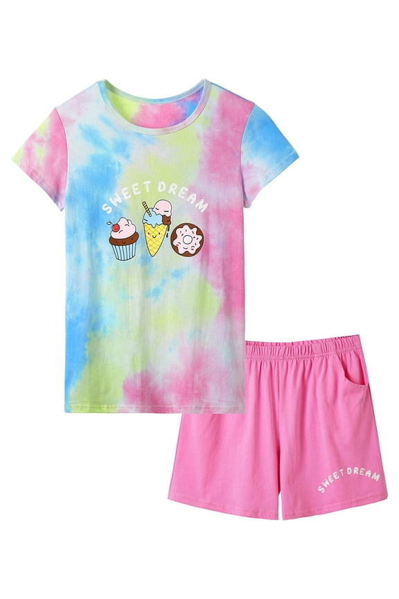 Girls Sleepover Theme Matching Pajamas Size 14-100% Cotton Summer Short Sleeve Tween Kids Jammies Set PJS Pal Donut