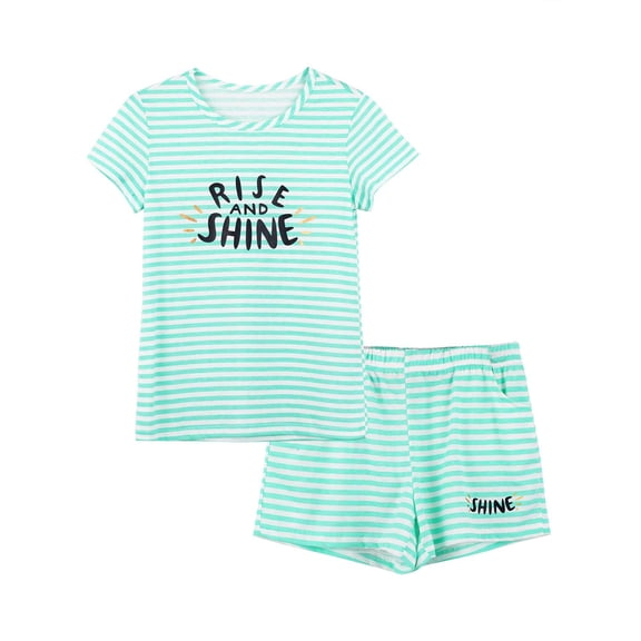 Girls Summer Pajamas – Green Stripe Jammies Set Big Kids Size 6