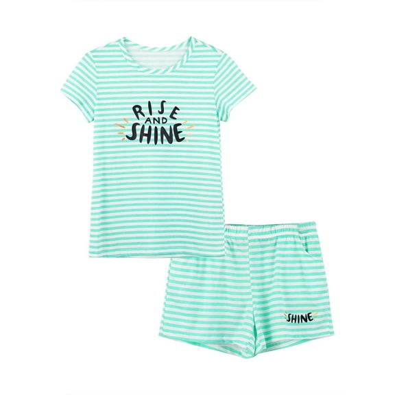 Beezizac Summer Pajamas For Girls – Green Stripe & Glittering PJS Pal Cute Jammies Set Big Kids Size 6