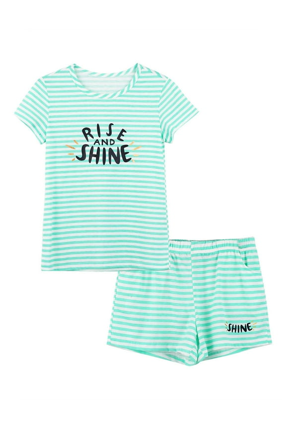 Summer Pajamas For Girls – Green Stripe & Glittering PJS Pal Cute Jammies Set Big Kids Size 8