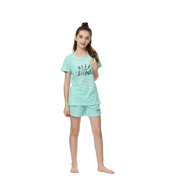 Beezizac 2-Piece Girls Pajama Set for Summer Stripe & Glittering Pjs, Size 6-16