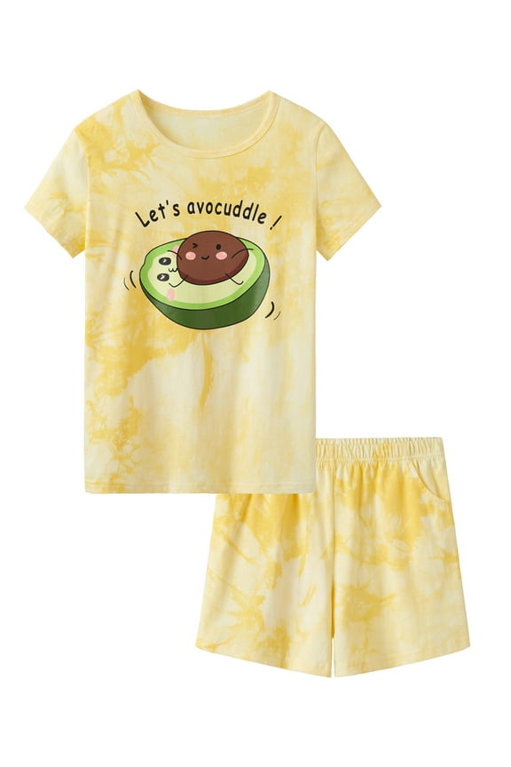 2-Piece Girls Shorts Pajama Set Summer Tie Dye Avocado, Size 4T-18