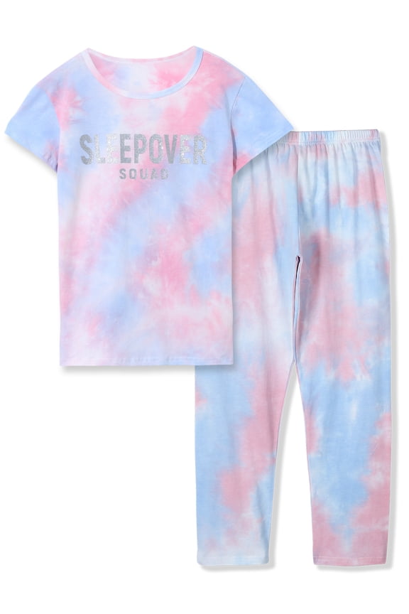 2-Piece Girls Sleepover Tie Dye Cotton Tee & Pants PJ Set, Size 8