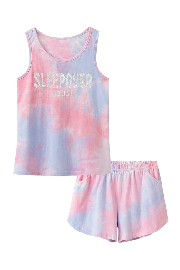 Girls Sleepover Matching Tank Top & Shorts Tie Dye Pajamas Set Tween PJS Size 14