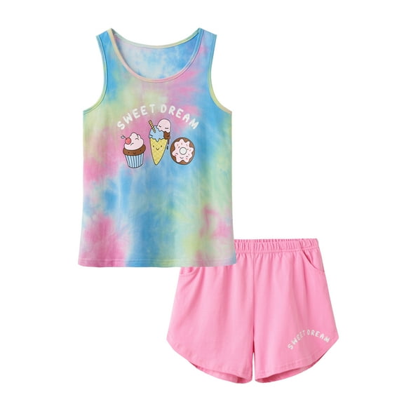 Beezizac 2-Piece Girls Sleepover Tie Dye Tank Top & Shorts Pajama, Size 6-18