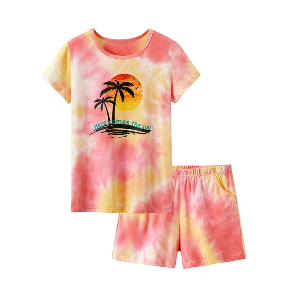 Beezizac 2-Piece Girls Summer Tie-dye Palm Tree Pajama Outfit Kid, Size 4T-18