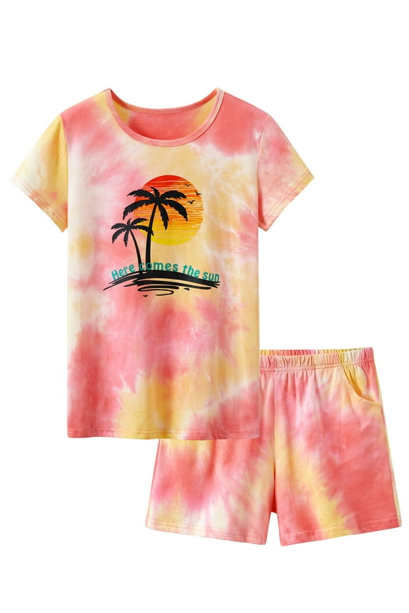 2-Piece Girls Summer Tie-dye Palm Tree Pajama Outfit Kid, Size 4T-18