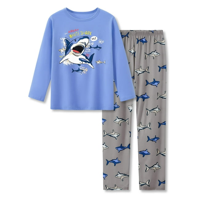 Beezizac 2-Piece Pajamas For Big Boys Blue & Gray Shark Cool Long Sleeve Soft Kid PJ Set Size 12