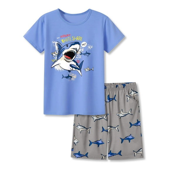Beezizac 2-Piece Pajamas For Big Boys Blue & Gray Shark Cool Short Sleeve Soft Kid PJ Set Size 16