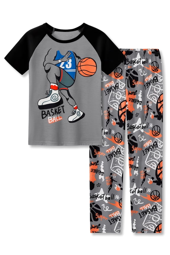 2-Piece Pajamas For Big Boys Gray Basketball Cool Short Sleeve & Pants Soft Kid Comfy PJ Set Size 18