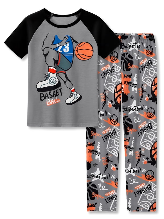 2-Piece Pajamas For Big Boys Gray Basketball Cool Short Sleeve & Pants Soft Kid Comfy PJ Set Size 6