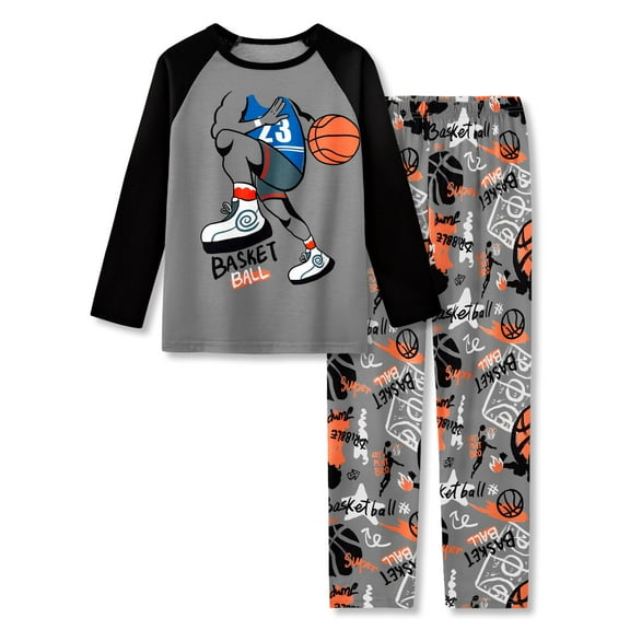 Beezizac 2-Piece Pajamas For Boys Gray Basketball Cool Long Sleeve & Pants Soft Kid PJ Set Winter Size 18