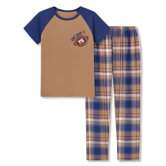 Beezizac 2-Piece Pajamas for Big Boys Plaid Football Cool Short Sleeves & Pants Soft Kid Comfortable PJ Set Size 10