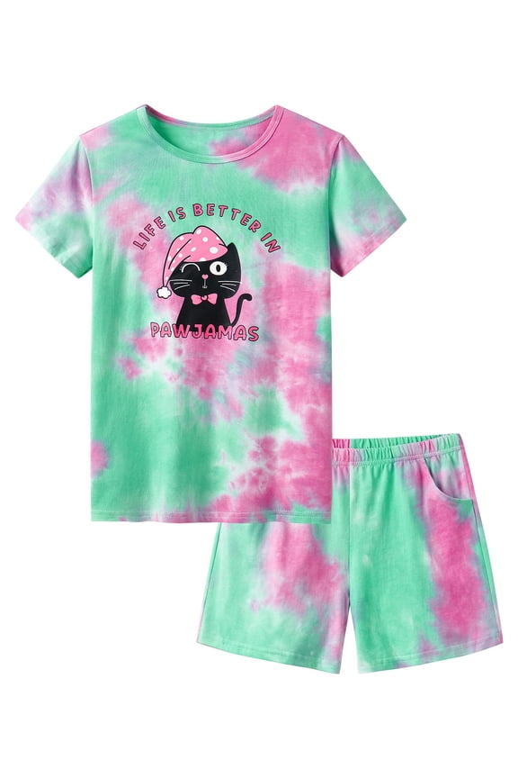 Tie Dye Cat Pajamas for Teen Girls Cute Summer 2 Piece Jammies Big Kid Size 6