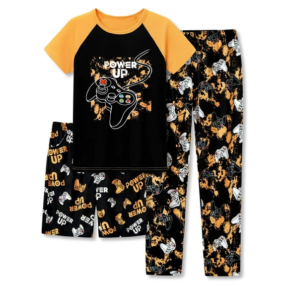 Beezizac 3-Piece Cozy Pajamas For Big Boys Yellow Gamer Short Sleeves Shorts Set & Pants Cool PJ Size 10