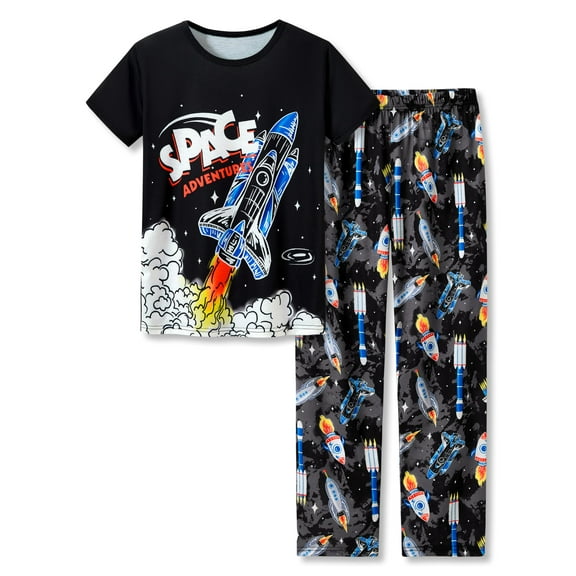 Beezizac Big Boys Black Rocket Pajamas 2-PC Comfy Short Sleeves & Pants Set Kid PJ Outfit Size 12