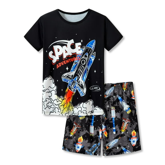 Beezizac Big Boys Black Rocket Pajamas 2PC Comfy Short Sleeve Set Kid PJ Summer Jammies Size 12