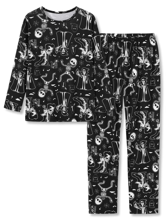 Big Boys Holiday Pajamas 2-Piece Soft Black & White Skull Long Sleeves PJ Set Comfy Kid Outfit Kid Size 8