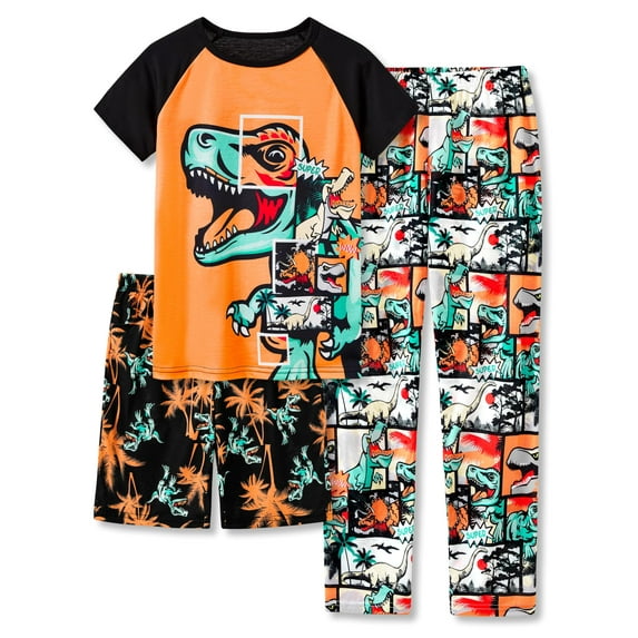 Beezizac Big Boys Orange Dino Pajamas 3-Piece Short Sleeve Top Shorts & Pants PJ Set Jammies Kid Size 6