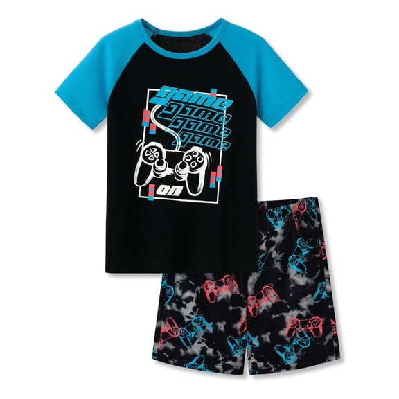 Beezizac Big Boys Pajamas Black & Blue Gamer 2-Piece Short Sleeve PJ Set Soft Kid Summer Sleepwear Size 16