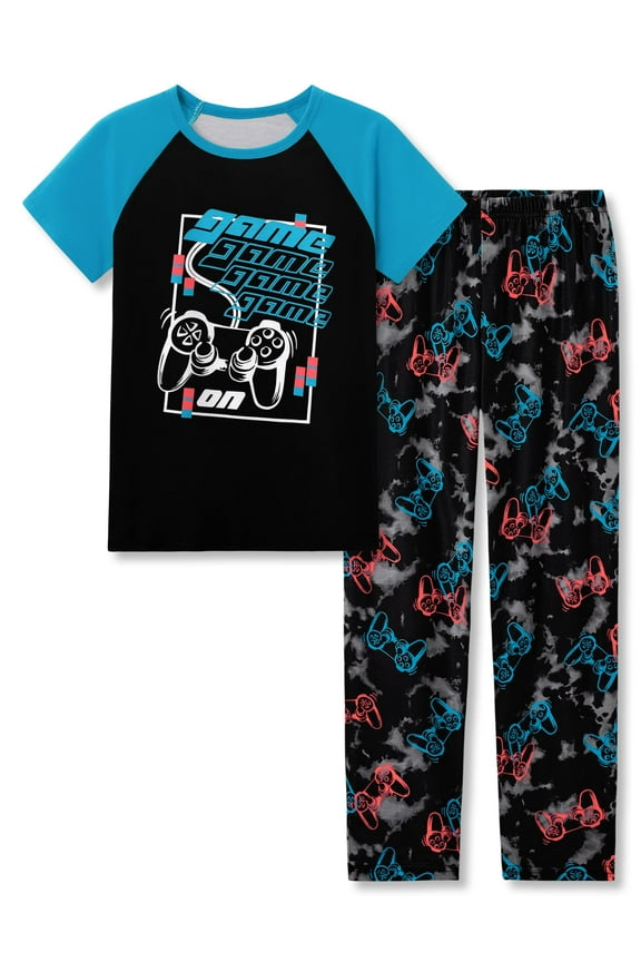 Big Boys Pajamas Black & Blue Gamer 2-Piece Short Sleeve & Pants PJ Set Soft Kid Sleepwear Size 10