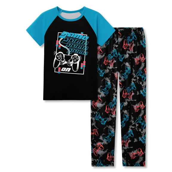 Beezizac Big Boys Pajamas Black & Blue Gamer 2-Piece Short Sleeve & Pants PJ Set Soft Kid Sleepwear Size 8