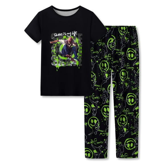 Beezizac Big Boys Pajamas Black Skateboarding Cool 2-Piece Short Sleeve & Pants Cozy Kid Soft PJ Set Size 6