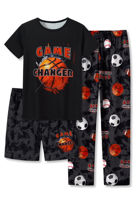 Big Boys Pajamas Cool Black Basketball Short Sleeves Shorts & Pants 3-Piece Cozy PJ Set Size 6