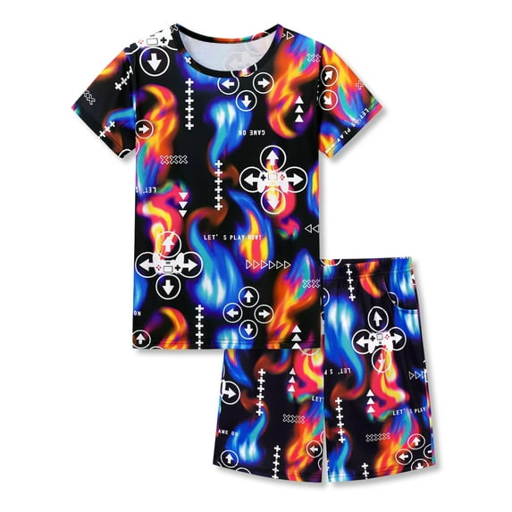 Beezizac Big Boys Pajamas Cool Black Flame Gamer 2-Piece Short Sleeve PJ Set Comfy Kid Summer Sleepwear Outfit Size 14