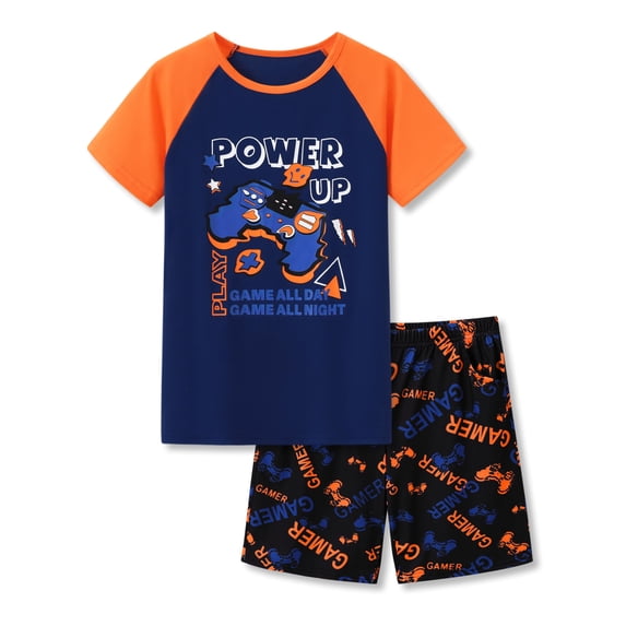 Beezizac Big Boys Pajamas Navy & Orange Power Up 2-Piece Soft Short Sleeve PJ Set Cozy Kid Sleepwear Size 6