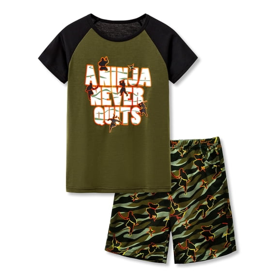 Beezizac Big Boys Pajamas Olive Green Ninja 2-Piece Short Sleeve PJ Set Children Sleepwear Size 14
