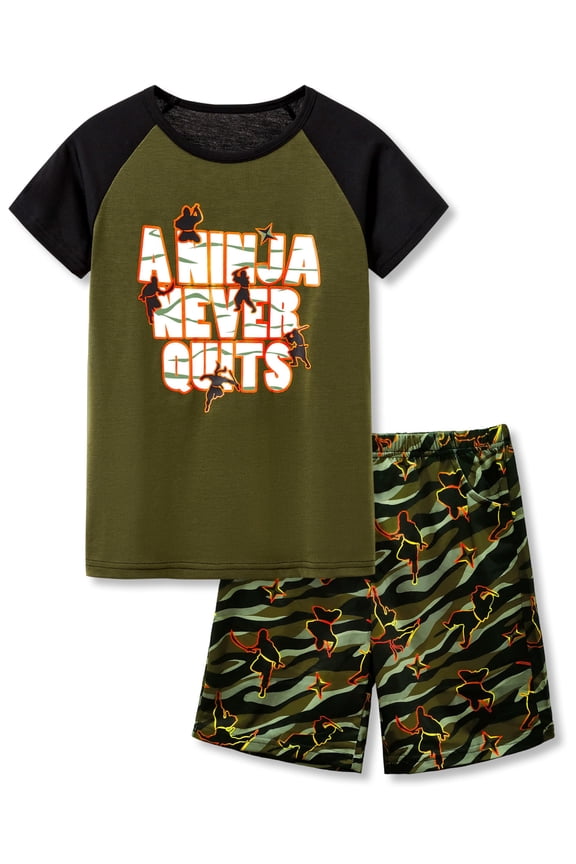 Big Boys Pajamas Olive Green Ninja 2-Piece Short Sleeve PJ Set Children Sleepwear Size 16