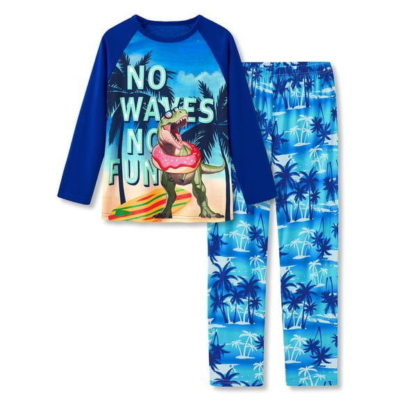 Beezizac Big Boys Pajamas Swim Ring Dino 2-Piece Fun Long Sleeve PJ Set Kid Cozy Sleepwear Children Size 12