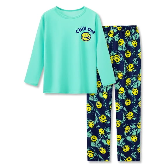 Beezizac Big Boys Pajamas Teal & Navy Face 2-Piece Fun Long Sleeve PJ Set Kid Cozy Sleepwear Children Size 16