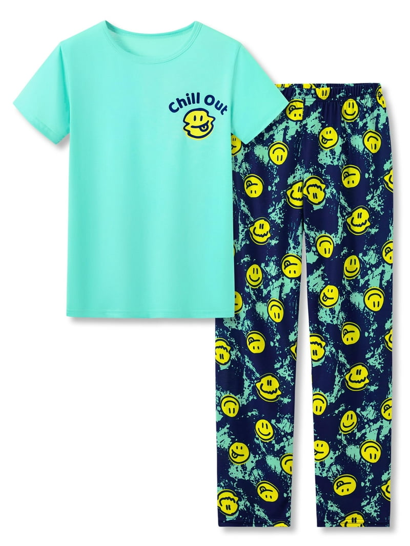Beezizac Big Boys Pajamas Teal Navy Face 2-Piece Fun Short