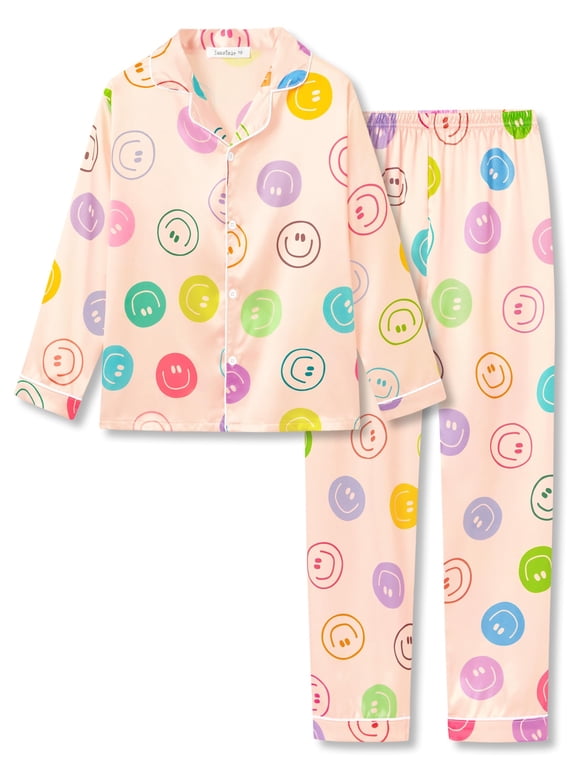 Big Girls Pajama 2-Piece Satin Silky Faces Peach Cozy Soft Long Sleeve & Pants Set Kid Sleepover PJ Size 12